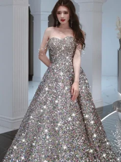 Prom Dress A-Line Strapless Sequined Sleeveless Beaded Party Dresses