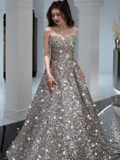 Prom Dress A-Line Strapless Sequined Sleeveless Beaded Party Dresses