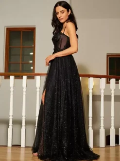 Prom Dress A-Line Sweetheart Neck Lace Sleeveless Split Front Party Dresses