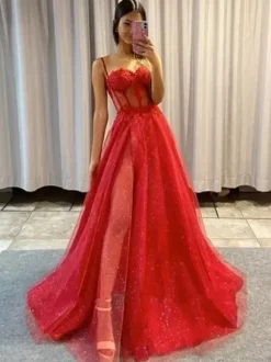 Prom Dress A-Line Sweetheart Neck Lace Sleeveless Split Front Party Dresses