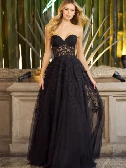 Prom Dress A-Line Sweetheart Neck Tulle Sleeveless Lace Party Dresses