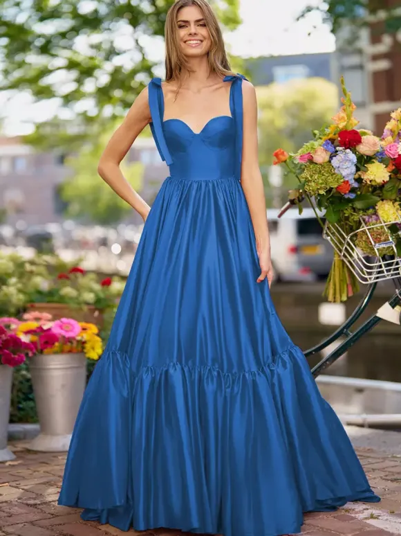 Prom Dress A-Line Sweetheart Neck Elastic Silk Like Satin Sleeveless Ruffles Wedding Guest Dresses