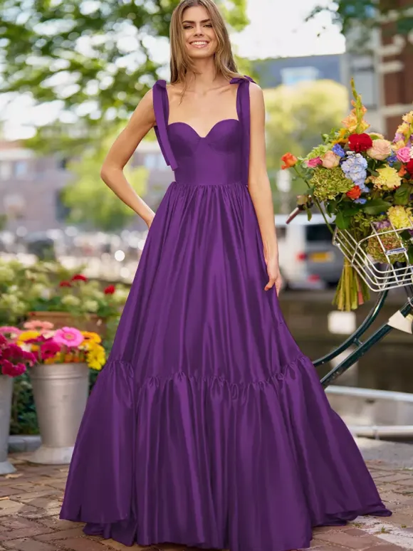 Prom Dress A-Line Sweetheart Neck Elastic Silk Like Satin Sleeveless Ruffles Wedding Guest Dresses