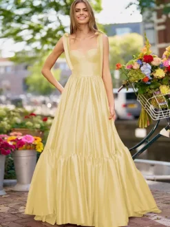 Prom Dress A-Line Sweetheart Neck Elastic Silk Like Satin Sleeveless Ruffles Wedding Guest Dresses