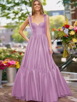 Prom Dress A-Line Sweetheart Neck Elastic Silk Like Satin Sleeveless Ruffles Wedding Guest Dresses