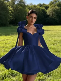 Prom Dress A-Line Sweetheart Neck Short Sleeveless Lace-up Bows Satin Fabric Social Party Dresses