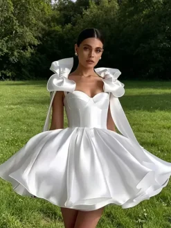 Prom Dress A-Line Sweetheart Neck Short Sleeveless Lace-up Bows Satin Fabric Social Party Dresses