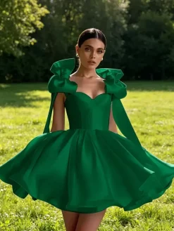 Prom Dress A-Line Sweetheart Neck Short Sleeveless Lace-up Bows Satin Fabric Social Party Dresses