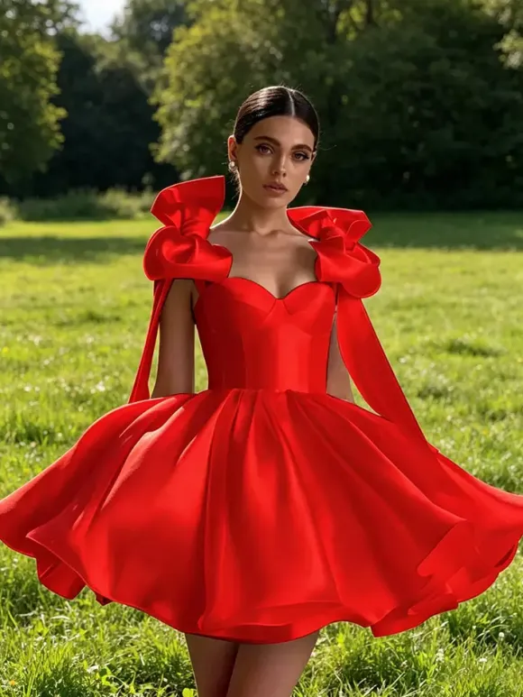 Prom Dress A-Line Sweetheart Neck Short Sleeveless Lace-up Bows Satin Fabric Social Party Dresses