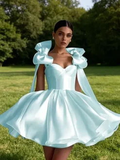 Prom Dress A-Line Sweetheart Neck Short Sleeveless Lace-up Bows Satin Fabric Social Party Dresses