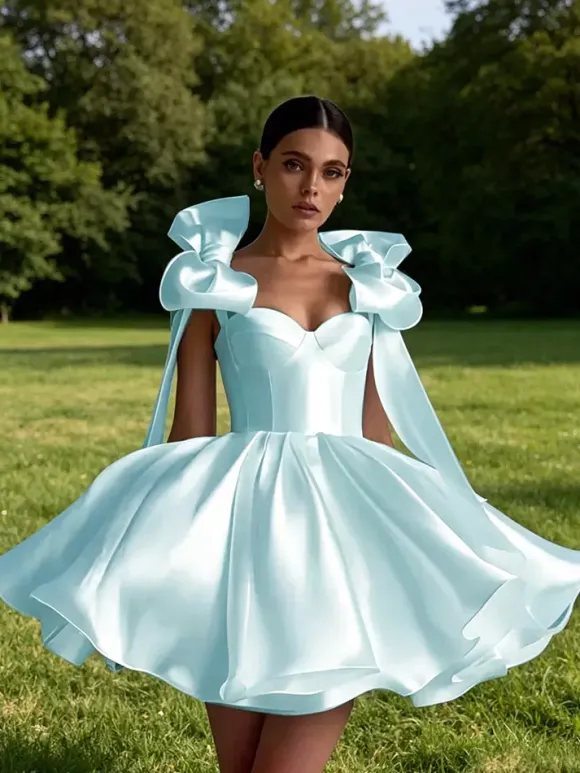 Prom Dress A-Line Sweetheart Neck Short Sleeveless Lace-up Bows Satin Fabric Social Party Dresses