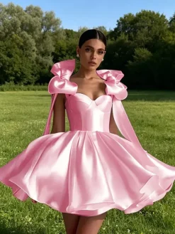 Prom Dress A-Line Sweetheart Neck Short Sleeveless Lace-up Bows Satin Fabric Social Party Dresses