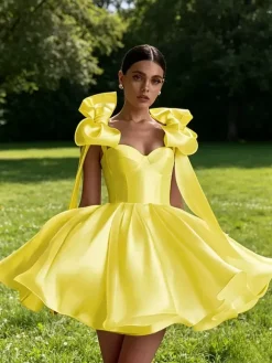 Prom Dress A-Line Sweetheart Neck Short Sleeveless Lace-up Bows Satin Fabric Social Party Dresses