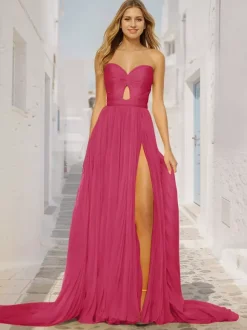 Prom Dress A-Line Sweetheart Neck Court Train Sleeveless Zipper Pleated Social Party Dresses