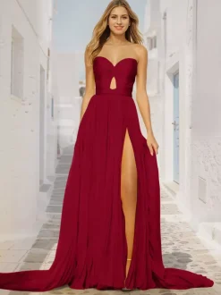 Prom Dress A-Line Sweetheart Neck Court Train Sleeveless Zipper Pleated Social Party Dresses