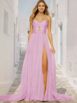 Prom Dress A-Line Sweetheart Neck Court Train Sleeveless Zipper Pleated Social Party Dresses