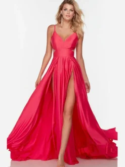 Prom Dress 2026 A-Line V-Neck Elastic Silk Like Satin Sleeveless Split Front Pageant Dresses Free Customization