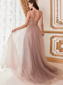 Prom Dress A-Line V-Neck Tulle Sleeveless Split Front Party Dresses
