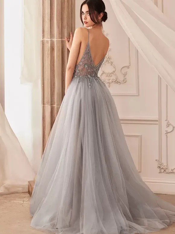 Prom Dress A-Line V-Neck Tulle Sleeveless Split Front Party Dresses