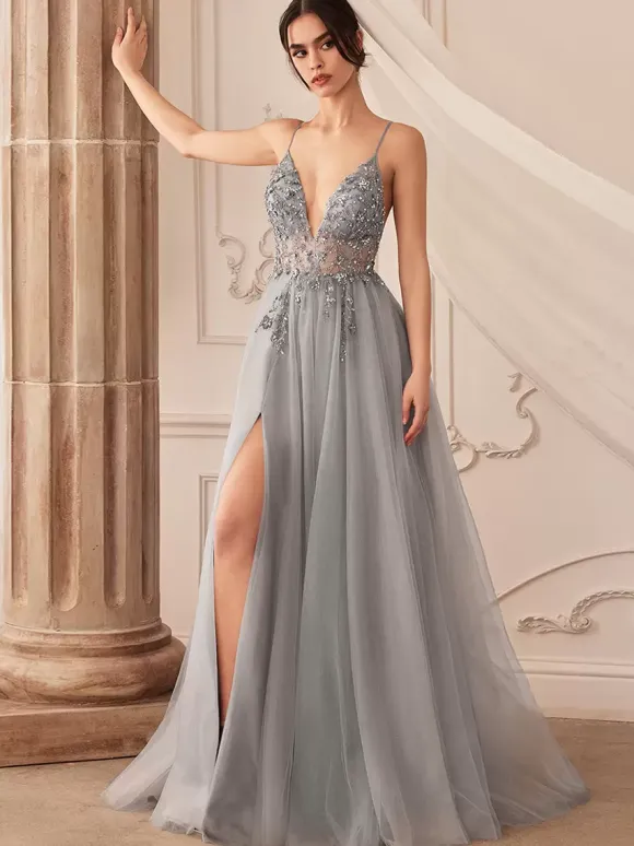 Prom Dress A-Line V-Neck Tulle Sleeveless Split Front Party Dresses