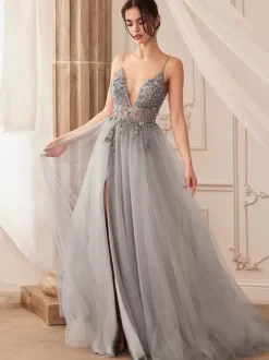 Prom Dress A-Line V-Neck Tulle Sleeveless Split Front Party Dresses
