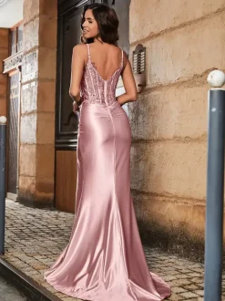 Prom Dress Ball Gown Sweetheart Neck Elastic Silk Like Satin Sleeveless Sequins Pageant Dresses