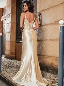 Prom Dress Ball Gown Sweetheart Neck Elastic Silk Like Satin Sleeveless Sequins Pageant Dresses