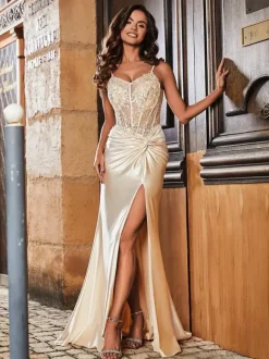 Prom Dress Ball Gown Sweetheart Neck Elastic Silk Like Satin Sleeveless Sequins Pageant Dresses