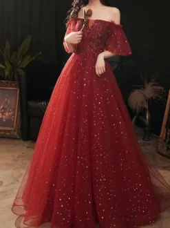 Prom Dress 2026 Brown Ball Gown Off-The-Shoulder Tulle Short Sleeves Beaded Floor-Length Pageant Dresses Wedding Guest Dresses Free Customization