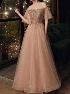 Prom Dress 2026 Brown Ball Gown Off-The-Shoulder Tulle Short Sleeves Beaded Floor-Length Pageant Dresses Wedding Guest Dresses Free Customization