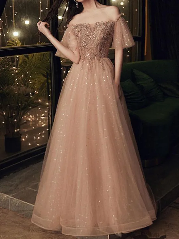 Prom Dress 2026 Brown Ball Gown Off-The-Shoulder Tulle Short Sleeves Beaded Floor-Length Pageant Dresses Wedding Guest Dresses Free Customization
