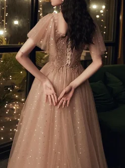 Prom Dress 2026 Brown Ball Gown Off-The-Shoulder Tulle Short Sleeves Beaded Floor-Length Pageant Dresses Wedding Guest Dresses Free Customization