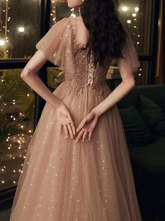 Prom Dress 2026 Brown Ball Gown Off-The-Shoulder Tulle Short Sleeves Beaded Floor-Length Pageant Dresses Wedding Guest Dresses Free Customization