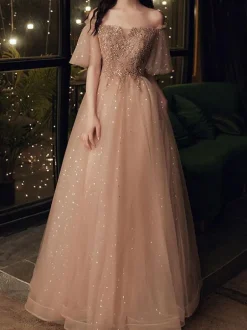 Prom Dress 2026 Brown Ball Gown Off-The-Shoulder Tulle Short Sleeves Beaded Floor-Length Pageant Dresses Wedding Guest Dresses Free Customization