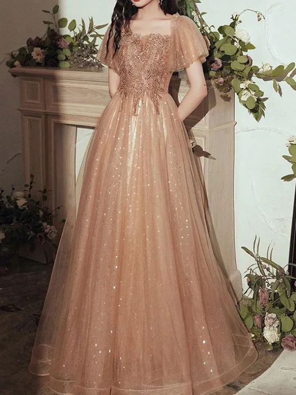 Prom Dress 2026 Brown Ball Gown Off-The-Shoulder Tulle Short Sleeves Beaded Floor-Length Pageant Dresses Wedding Guest Dresses Free Customization
