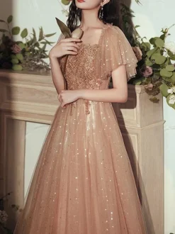 Prom Dress 2026 Brown Ball Gown Off-The-Shoulder Tulle Short Sleeves Beaded Floor-Length Pageant Dresses Wedding Guest Dresses Free Customization