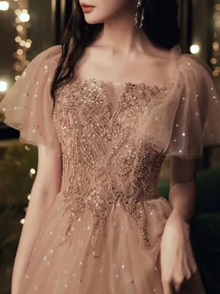 Prom Dress 2026 Brown Ball Gown Off-The-Shoulder Tulle Short Sleeves Beaded Floor-Length Pageant Dresses Wedding Guest Dresses Free Customization
