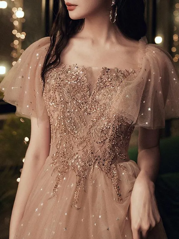 Prom Dress 2026 Brown Ball Gown Off-The-Shoulder Tulle Short Sleeves Beaded Floor-Length Pageant Dresses Wedding Guest Dresses Free Customization