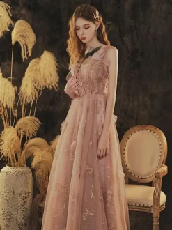 Prom Dress 2026 Cameo Brown Ball Gown V-Neck Sequined Sleeveless Lace-Up Bows Long Party Dresses Wedding Guest Dresses
