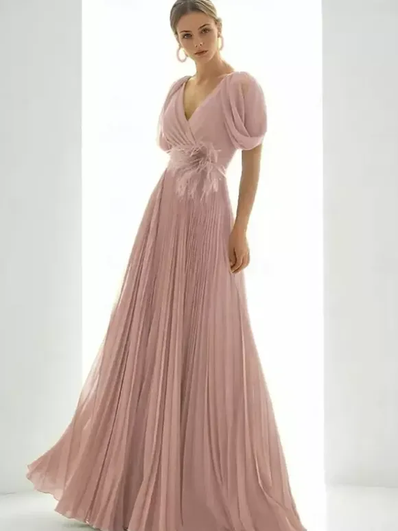 Prom Dress Chiffon V-Neck A-Line Short Sleeves Feathers Wedding Guest Dresses