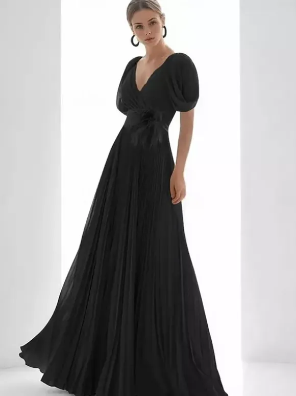 Prom Dress Chiffon V-Neck A-Line Short Sleeves Feathers Wedding Guest Dresses