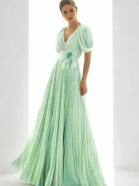 Prom Dress Chiffon V-Neck A-Line Short Sleeves Feathers Wedding Guest Dresses