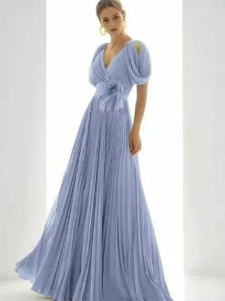 Prom Dress Chiffon V-Neck A-Line Short Sleeves Feathers Wedding Guest Dresses