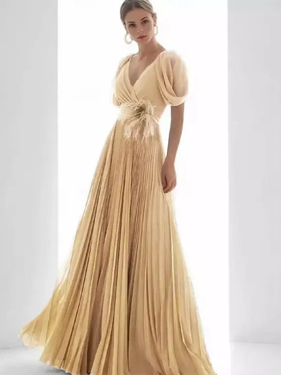 Prom Dress Chiffon V-Neck A-Line Short Sleeves Feathers Wedding Guest Dresses