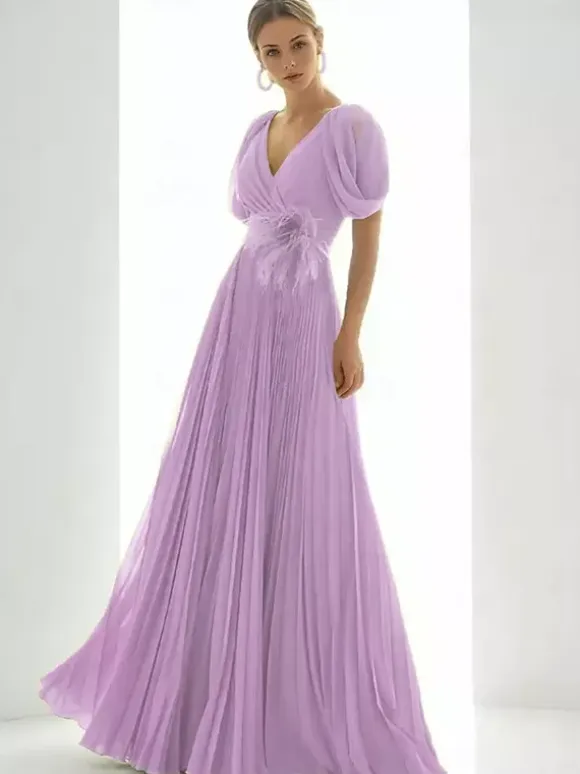 Prom Dress Chiffon V-Neck A-Line Short Sleeves Feathers Wedding Guest Dresses
