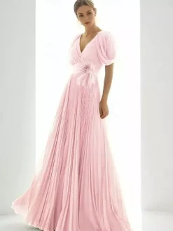 Prom Dress Chiffon V-Neck A-Line Short Sleeves Feathers Wedding Guest Dresses