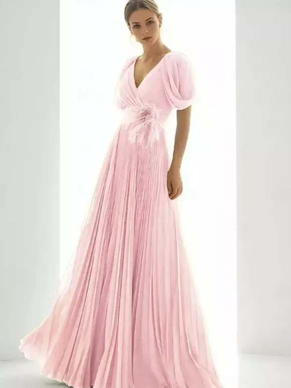 Prom Dress Chiffon V-Neck A-Line Short Sleeves Feathers Wedding Guest Dresses