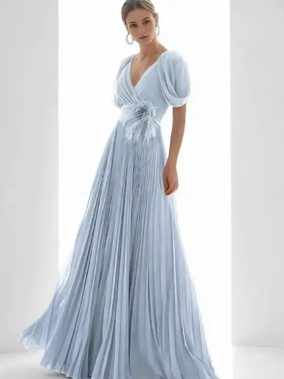 Prom Dress Chiffon V-Neck A-Line Short Sleeves Feathers Wedding Guest Dresses