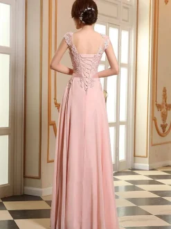 Prom Dresses Soft Pink Lace Applique Evening Dresses Chiffon Sleeveless Sash Floor Length Formal Gowns Wedding Guest Dresses