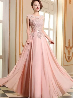 Prom Dresses Soft Pink Lace Applique Evening Dresses Chiffon Sleeveless Sash Floor Length Formal Gowns Wedding Guest Dresses
